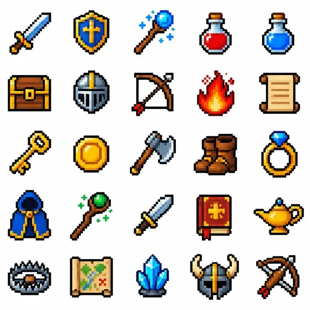 Pixel Art icon set - fantasy adventure items