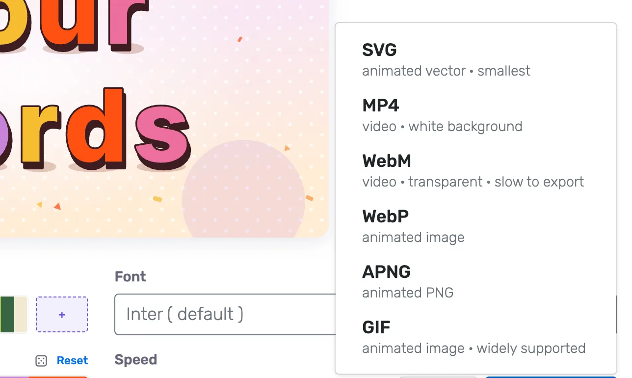 download text animation as SVG, MP4, WebM, WebP, APNG or GIF
